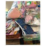 Assorted fabric pieces w/tin & tote