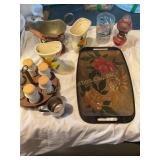 Misc painted plastic tray, copper, gravy, boat,