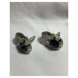 Silver tone mesh wrap cuff links, blue glass stone
