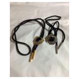 2 Black onyx bolo ties, leather braid shows wear