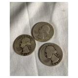 3 Washington quarters, 1943S, 1946S, 1947S