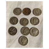 10 Mercury dimes, 1944S, 1945S