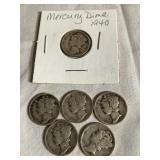 6 Mercury dimes, 1940 S & N/M
