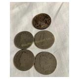 5 Liberal Head V nickels, 1883 w/o cents, 2