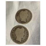 (2) 1893 Barber quarters, 1 mint O