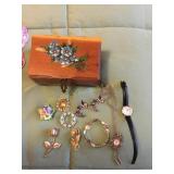 Costume jewelry- broaches,watch,etc w/wood cedar
