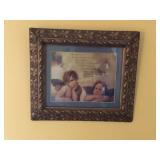 Framed needlepoint & framed angel print (largest