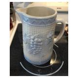 Vtg. North Star blue pottery pitcher 9.5'h w/grape