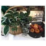 Wood apples w/metal basket & faux plant w/wicker