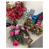 Floral wall hanging, metal vase, etc