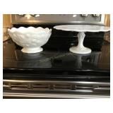 2 Milk glass pedestal cake plate 11'x5ï¿½ & bowl 8ï¿½d