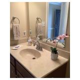 Contents of bathroom, shower curtain, towels,