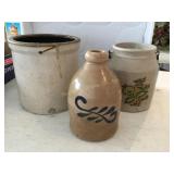 3 stoneware crocks, jug, tallest is 6', show wear