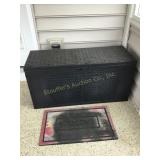Outdoor storage chest w/contents, welcome rug,
