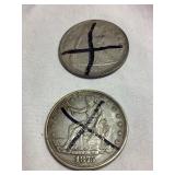 2 Repro US Trade dollar coins, 1847, 1875, one