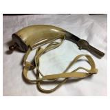 Black powder horn w/brass fitting & leather