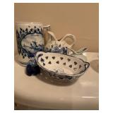 Hand painted Delft Blue ceramic pitcher, mug,
