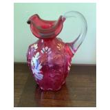 Fenton Art Glass cranberry ewer, hand painted &