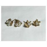 14 kt 2 pr pierced earrings, pearls  & diamonds,