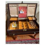 Mele jewelry box w/contents,key & wood foot stool