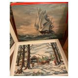 3 framed paint by number pictures &  1 unframed