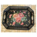 Black metal toleware serving tray, 17.5x13.5"