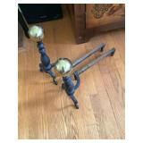 Pair cast iron andirons w/brass cannonball tops,