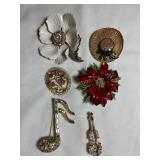 6 Brooches- A&S Violin, ART Poinsettia, MFA Hat,