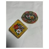 2 brooches marked Italy, micro mosaic , 1 1/2"