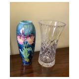 2 Vintage flower vases- crystal (8"H) & art