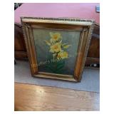 Framed signed oil painting, yellow flowers, gold