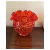 Fenton? orange glass vase, ruffled rim, Amberina
