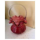 Fenton art glass cranberry coin dot basket 8"