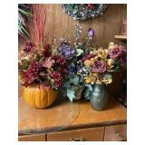 3 faux flower  arrangements & glass circle 19' dia