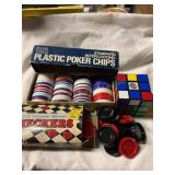 Game pcs checkers, plastic poker chips, Rubik's