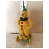 Vtg hard plastic clown pull toy, 6"H