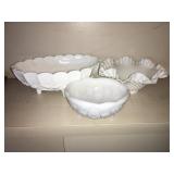 3 Milk glass bowls, largest is 12x4.5"