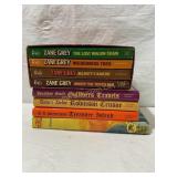 8 books- Zane Grey set, Treasure Island, Red