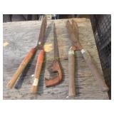 Vintage tools- hedge trimmers, compass saw, show