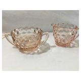 Pink Fostoria glass creamer & sugar bowl 2 3/4"h