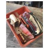 Misc lot- plastic carrier w/BD iron, brass