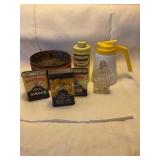 Misc Vtg spice tins, bottle, milk glass syrup