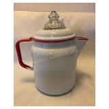 White enamel coffee pot w/ inserts , 9" tall