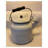 Enamel tea pot, 7" tall pot, shows wear