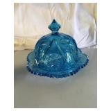 Vtg Kemple Yutec blue pressed glass covered