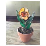 Stained Glass flower & clay pot 11"h