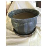 Round, blue glazed pottery planter & saucer,
