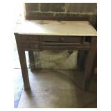 Early Vtg. Wood table bench w/3 drawers & canvas