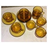 16 Vereco France Amber glass cup & saucers