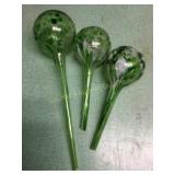 3 Green glass watering globes - longest 12"